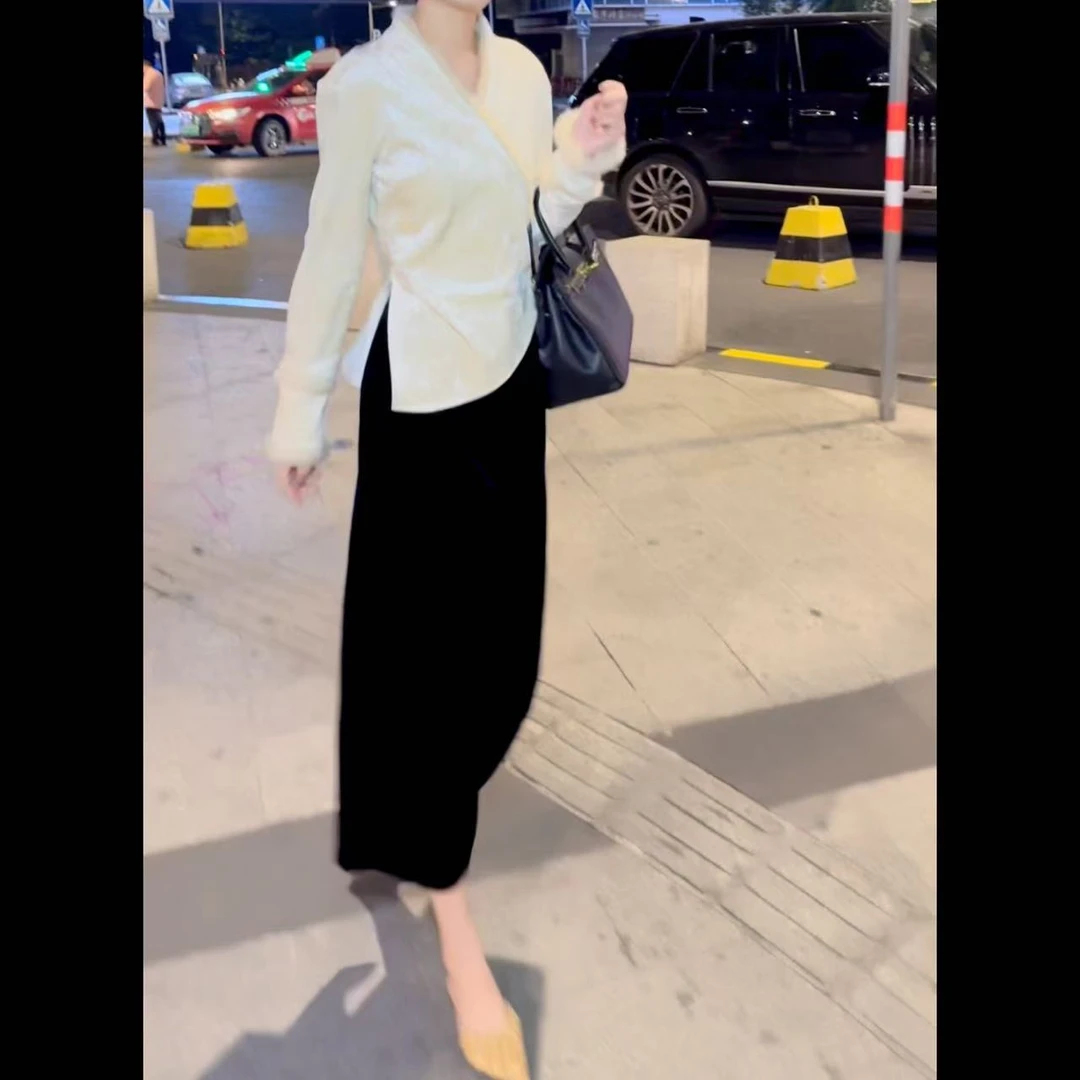 【红人上新】丝绒直筒裙秋冬复古高腰显瘦休闲长款丝绒半直筒裙