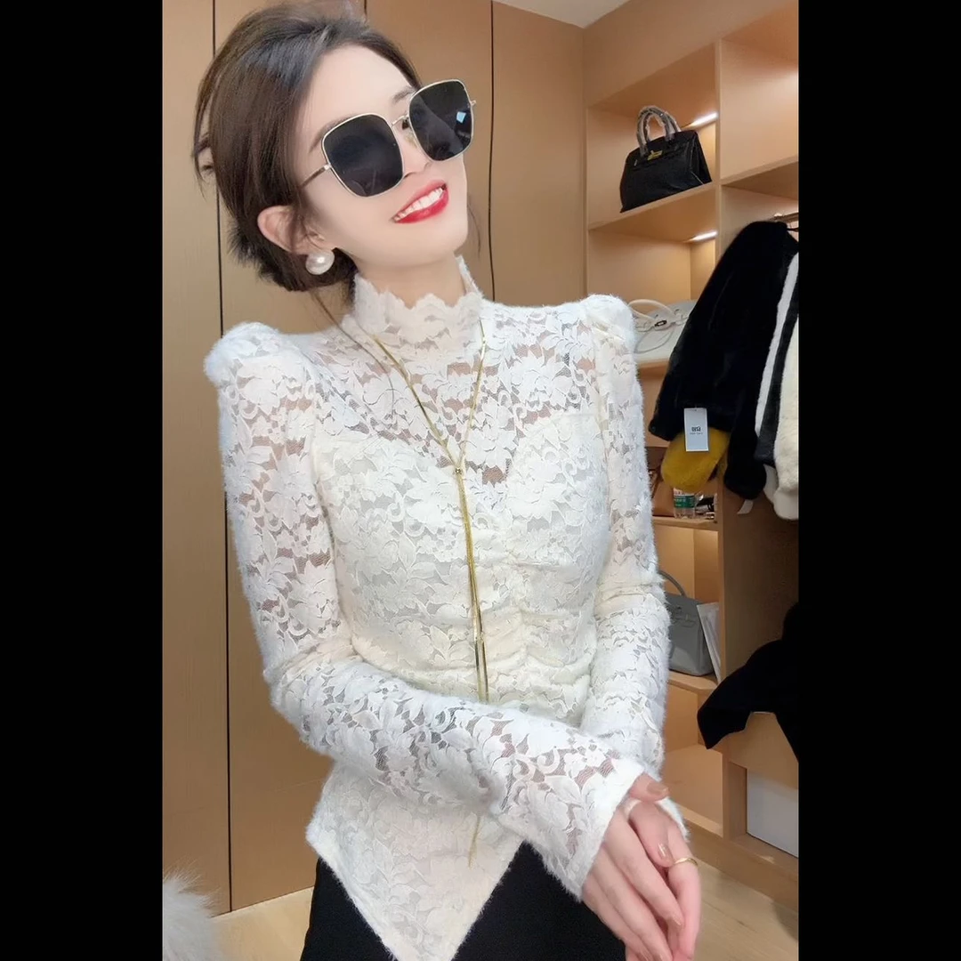 女装气质显瘦立领加绒鱼尾蕾丝打底