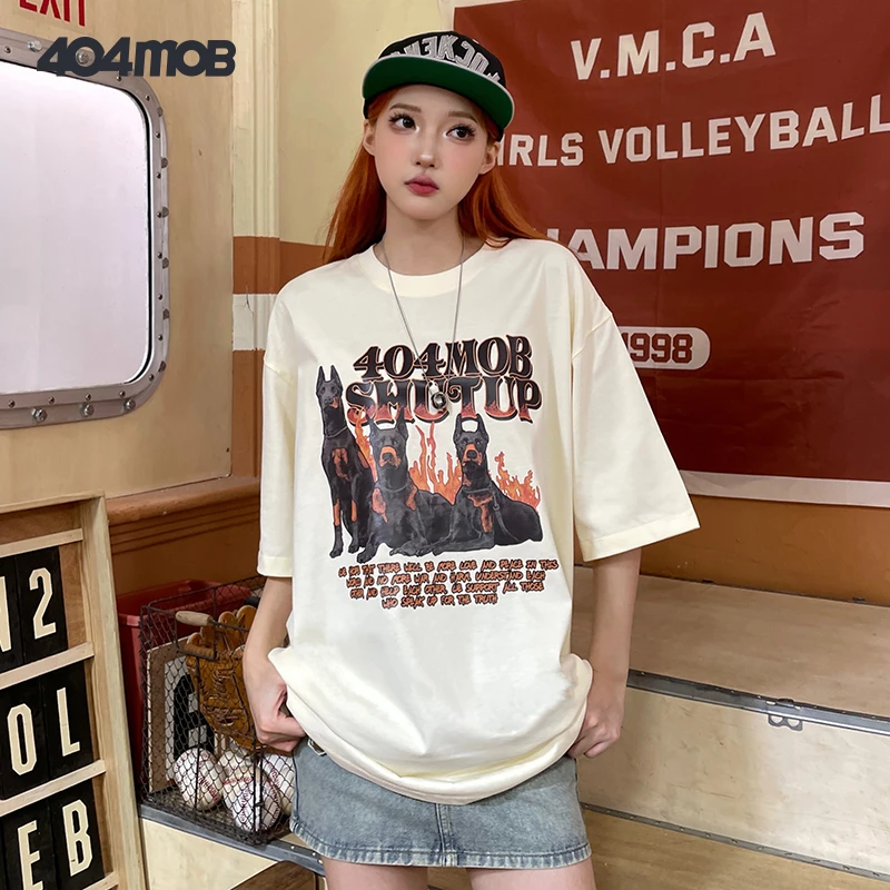 404MOB  夏季潮流美式哥特风杜宾犬印花圆领宽松短袖T恤街头日常