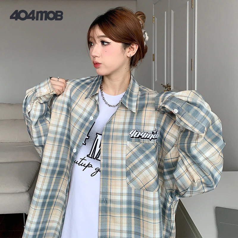 404MOB潮牌格子纹理长袖衬衫女春秋宽松oversize慵懒百搭休闲衬衣