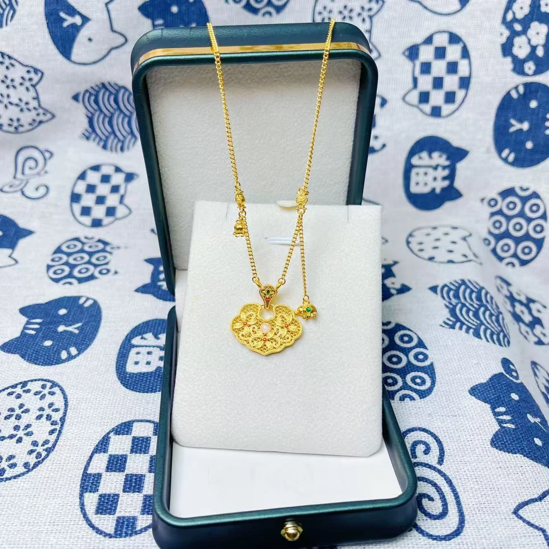 金御缘0工费古法足金999烧蓝大象经典流苏祥云锁包套链精美时尚