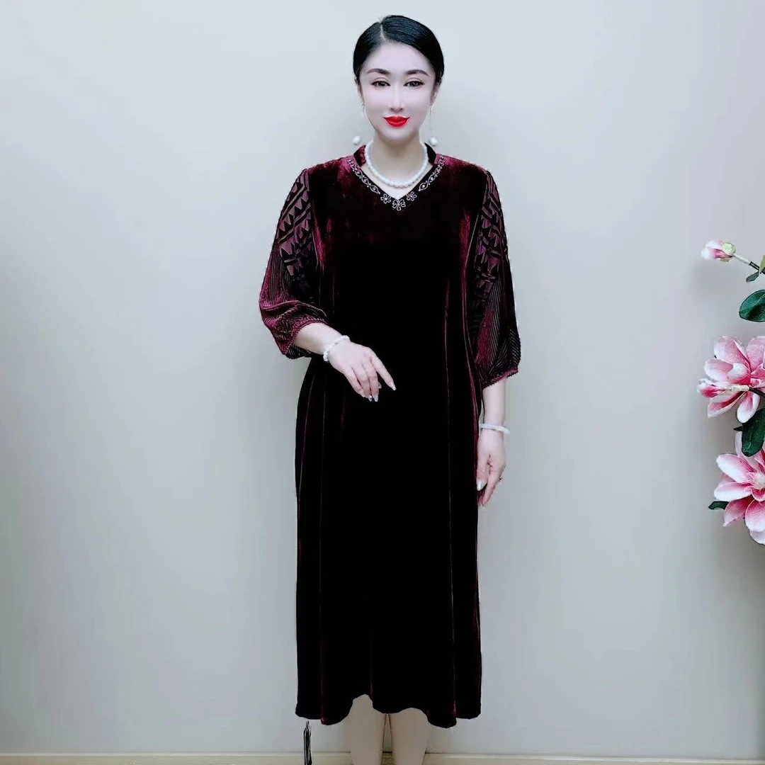桑蚕丝精致优雅高端大气丝绒网红女装连衣裙029