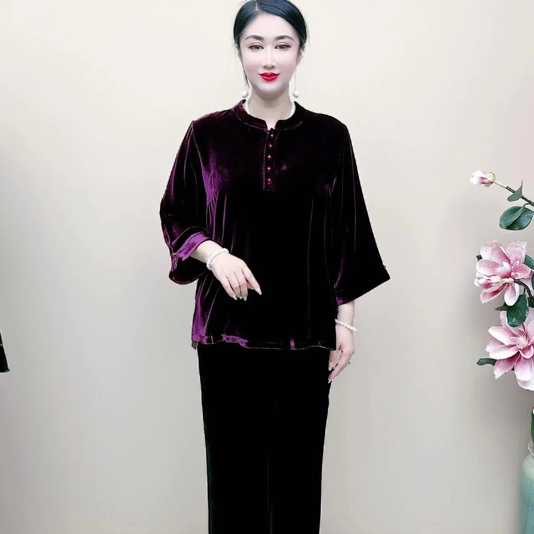 桑蚕丝新款时尚显瘦气质款洋气中式小衫大码长袖中老年宽松2338