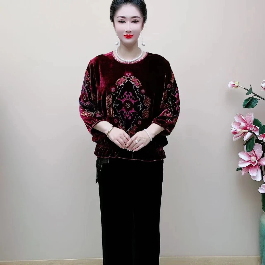 桑蚕丝新款时尚显瘦气质款洋气大方秋冬小衫长袖圆领春季加绒2305