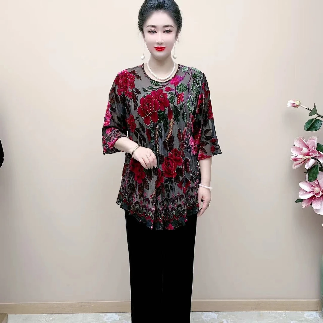 桑蚕丝新款丝绒烧花气质款洋气大方中老年大衫遮肚宽松妈妈装083
