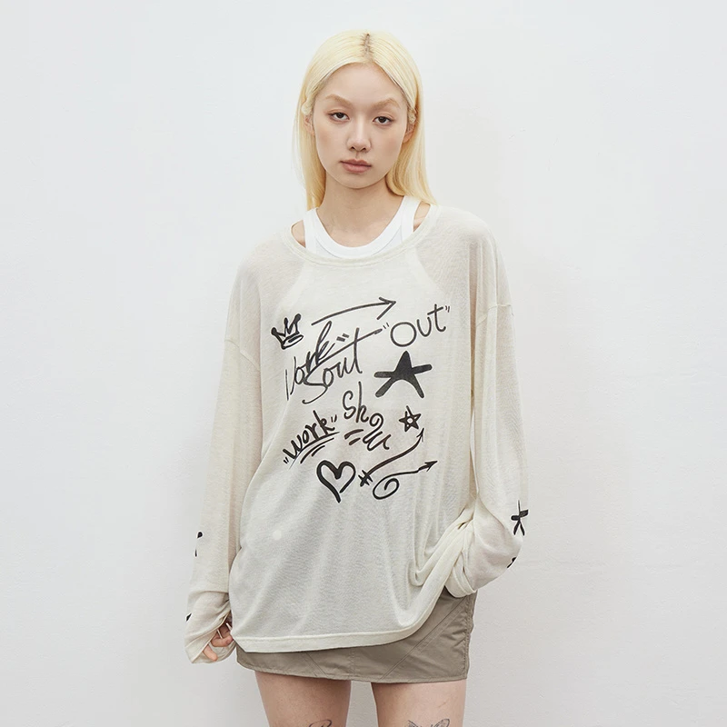 WORKSOUT手写涂鸦印花长袖罩衫潮牌美式休闲宽松T恤夏季