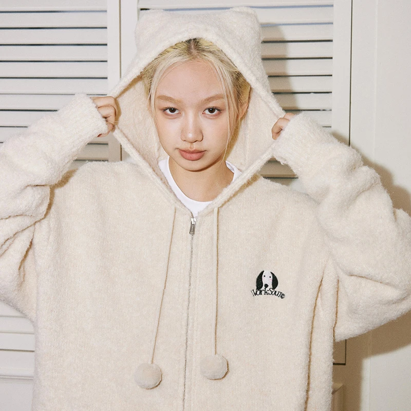 WORKSOUT小熊耳圈圈纱连帽毛衣开衫宽松百搭时尚情侣美式休闲春秋