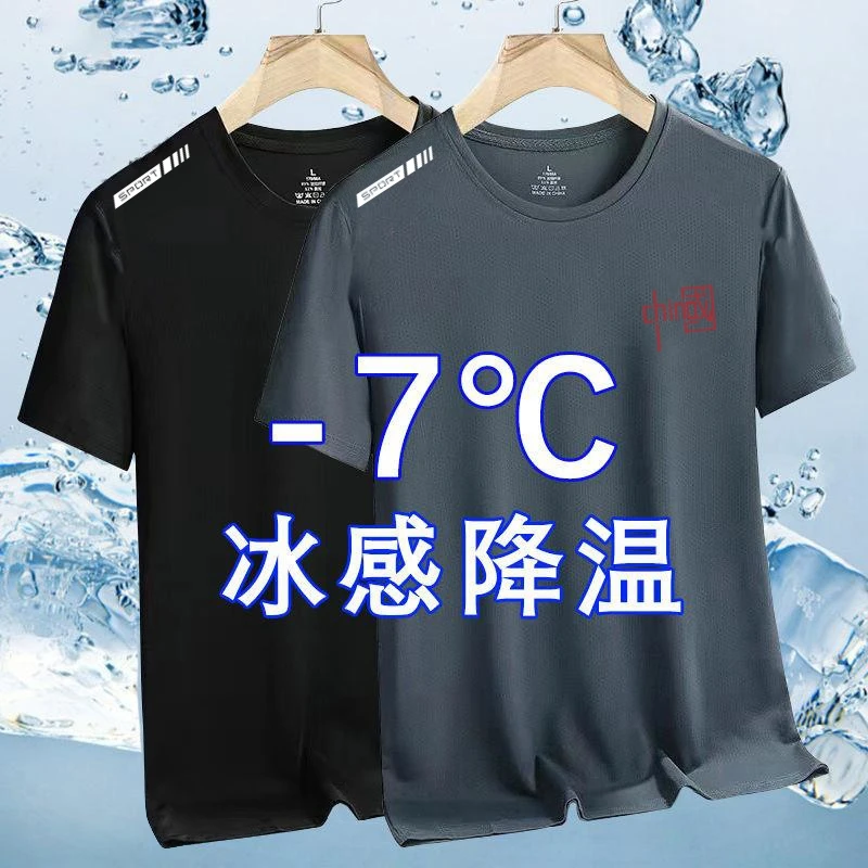 夏季轻奢休闲圆领宽松冰丝网眼短袖速干透气男士运动冰爽t恤百搭