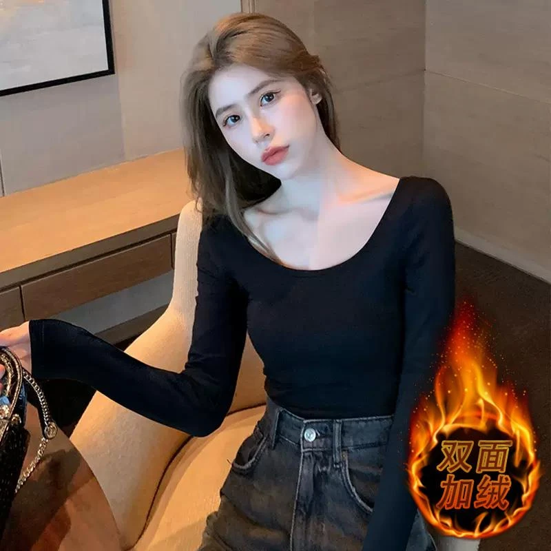 u领黑色德绒露背打底衫女秋冬内搭百搭保暖上衣加绒低领保暖衣