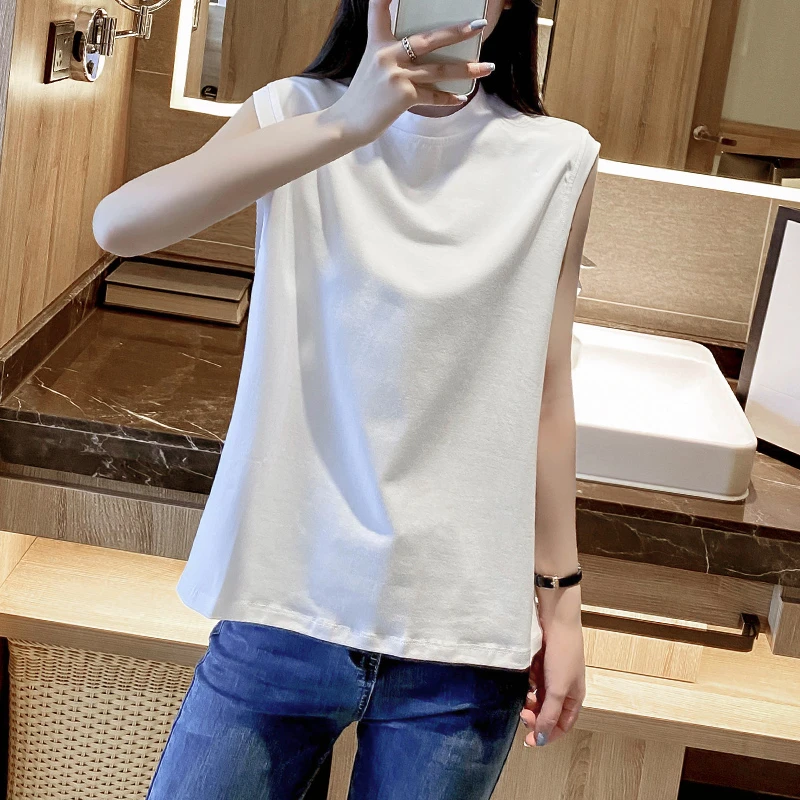 宽松半高领背心女内搭打底夏季遮肚子上衣棉纯白色遮肉无袖t恤