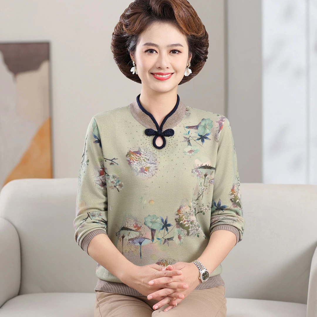 妈妈装秋装长袖T恤时尚洋气上衣国风旗袍领中老年女母亲衣服春秋