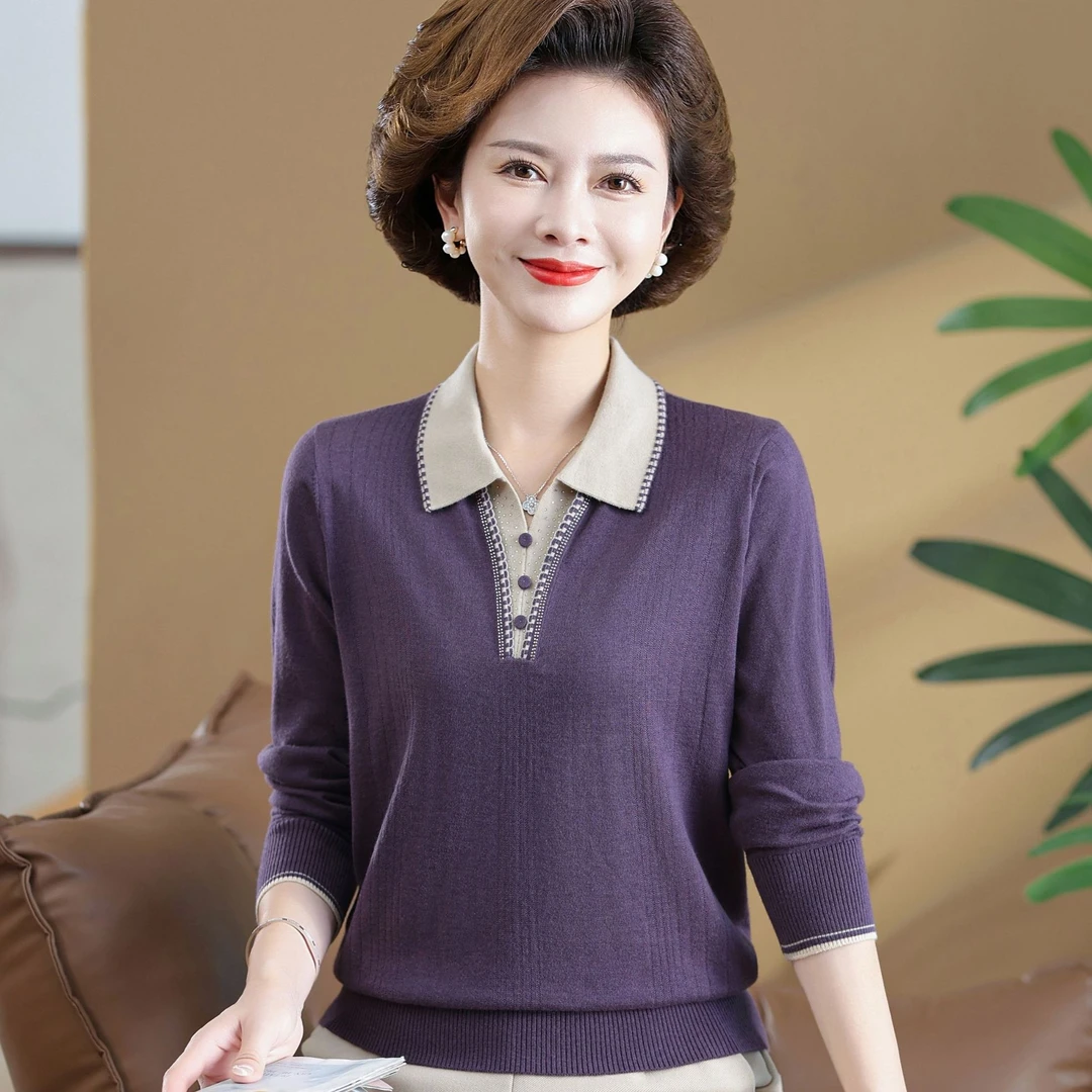 中年妈妈秋装针织衫长袖洋气打底衫翻领中老年女母亲衣服时髦上衣