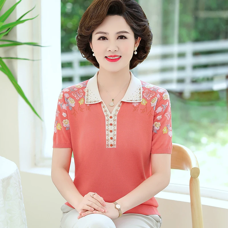 妈妈夏装T恤短袖洋气冰丝小衫中老年女母亲衣服夏季时髦上衣薄款