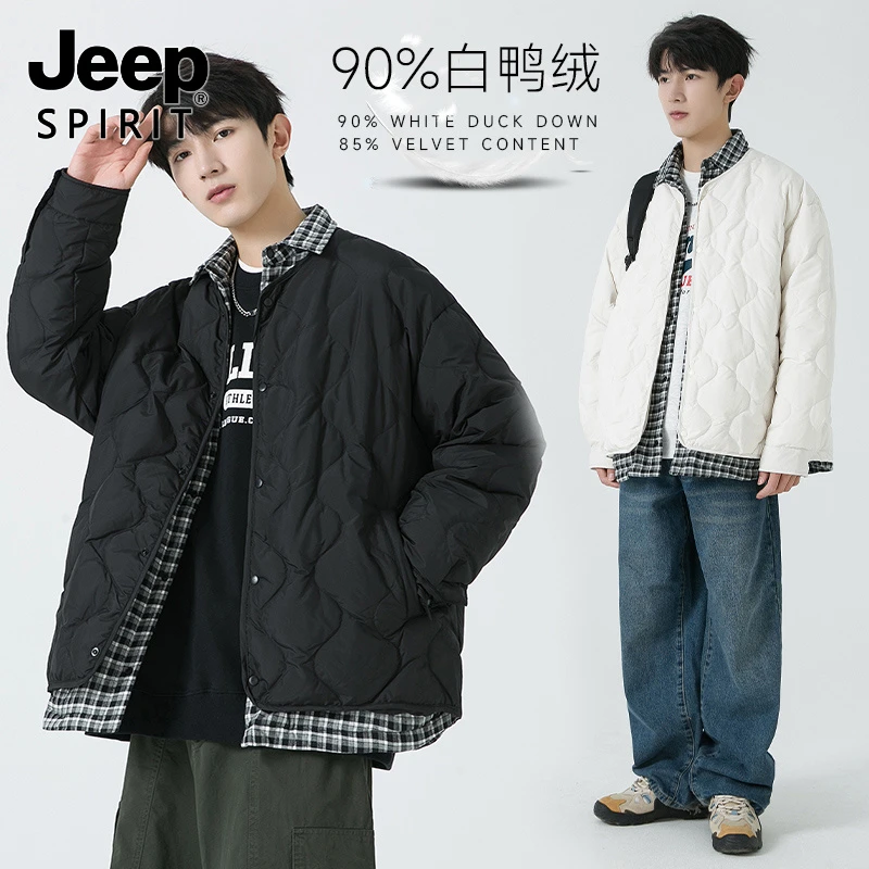 Jeep吉普90白鸭绒冬季男款羽绒服潮流时尚拼接格纹翻领短款外套潮