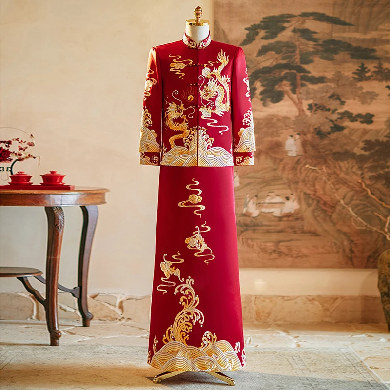 男士秀禾服2025新款接亲服敬酒龙凤褂新中式秀和服缎面暗红色礼服