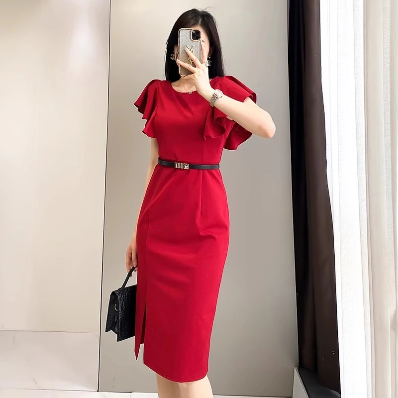 红色气质连衣裙女夏2025新款女神范名媛法式优雅收腰显瘦包臀裙子
