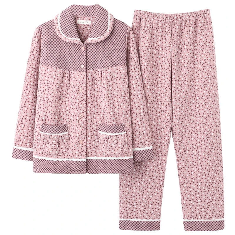 空气棉睡衣女士春秋季100%纯棉长袖家居服秋冬季冬款全棉夹层夹棉