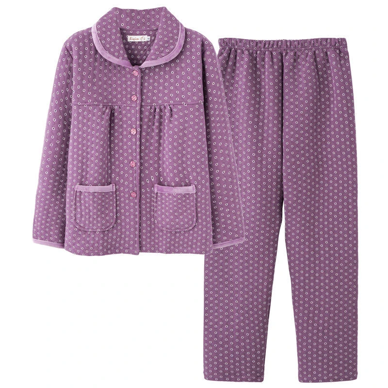 中老年人春秋加厚纯棉睡衣女套装全棉长袖秋冬季夹层薄夹棉空气棉