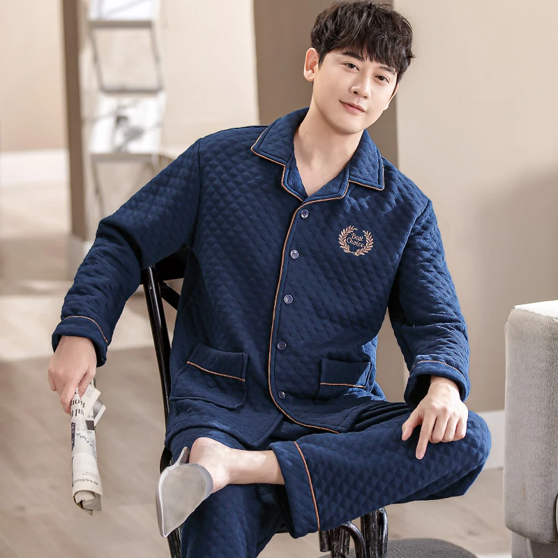 秋冬款爸爸夹层睡衣男100%纯棉长袖中老年夹棉中厚空气薄夹棉宽松