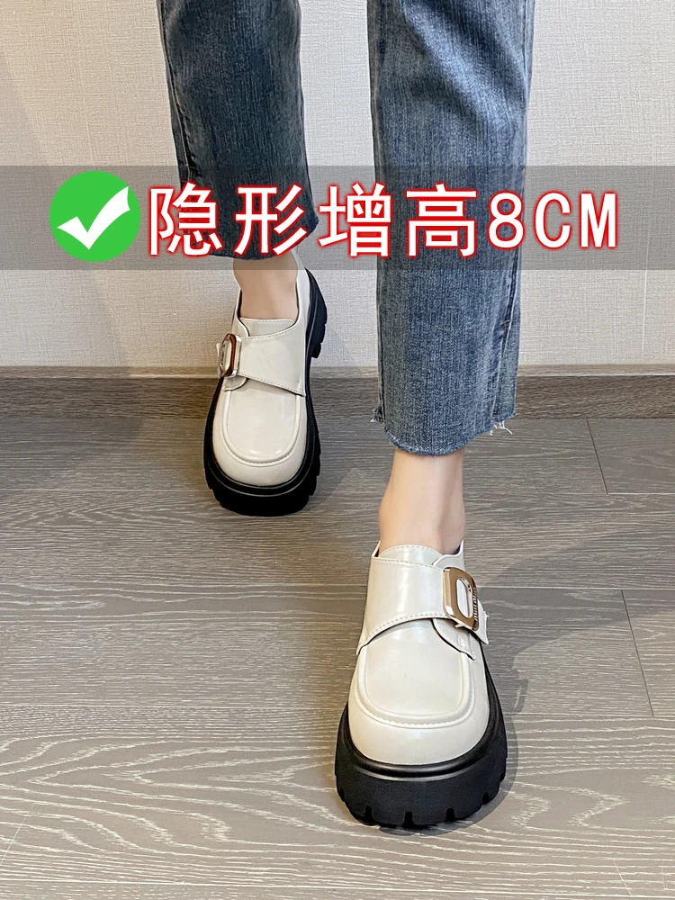 白色厚底乐福鞋2024新款内增高小码3233女鞋粗跟百搭魔术贴小皮鞋