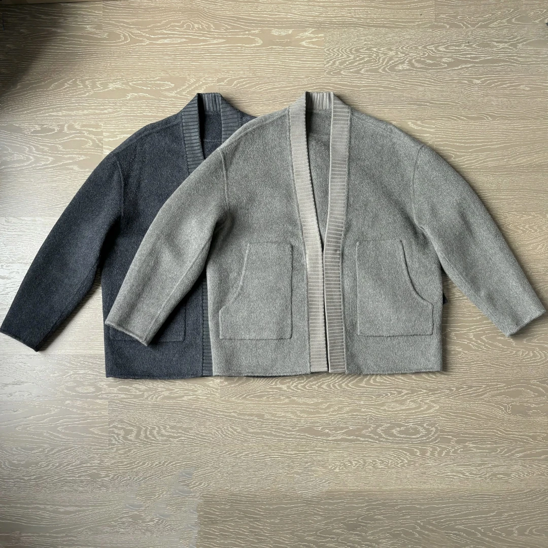 进口莱赛尔双面羊毛混纺~复古拼接螺纹男女外套暗扣设计秋冬开衫