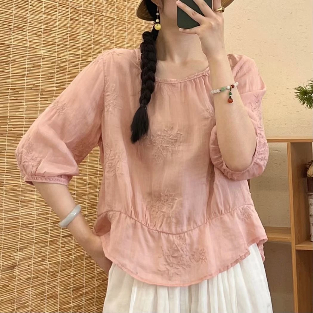 蒲公衣2024夏装新款苎麻刺绣衬衫圆领设计感透气舒适上衣减龄小衫