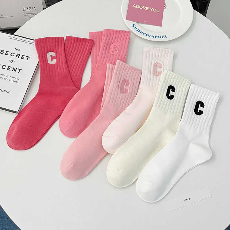 春夏季粉色系刺绣配鲨鱼裤中筒女袜袜子女薄款百搭棉质运动风长袜