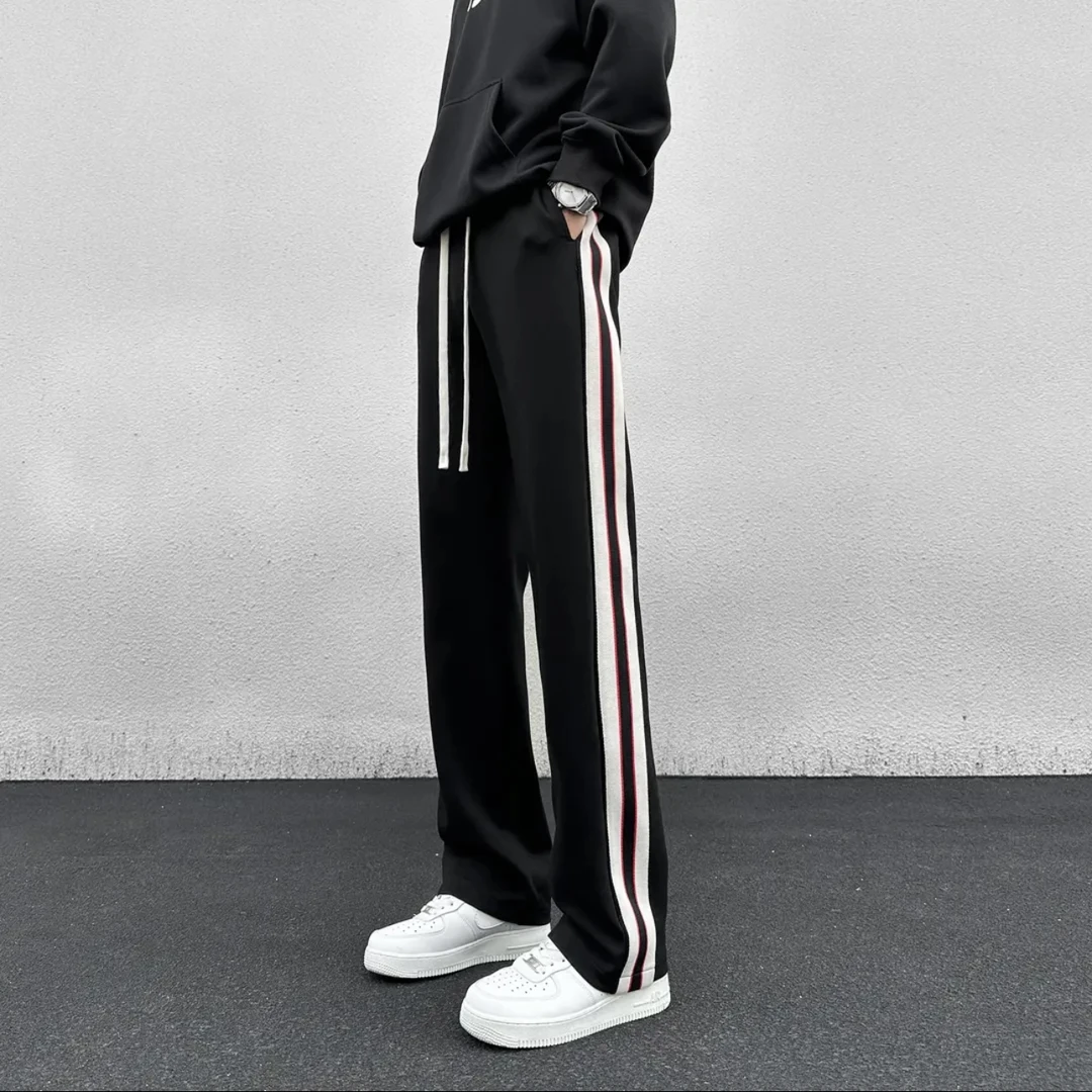 春季款潮流垂感卫裤子男士百搭条纹大码直筒运动宽松高街休闲长裤