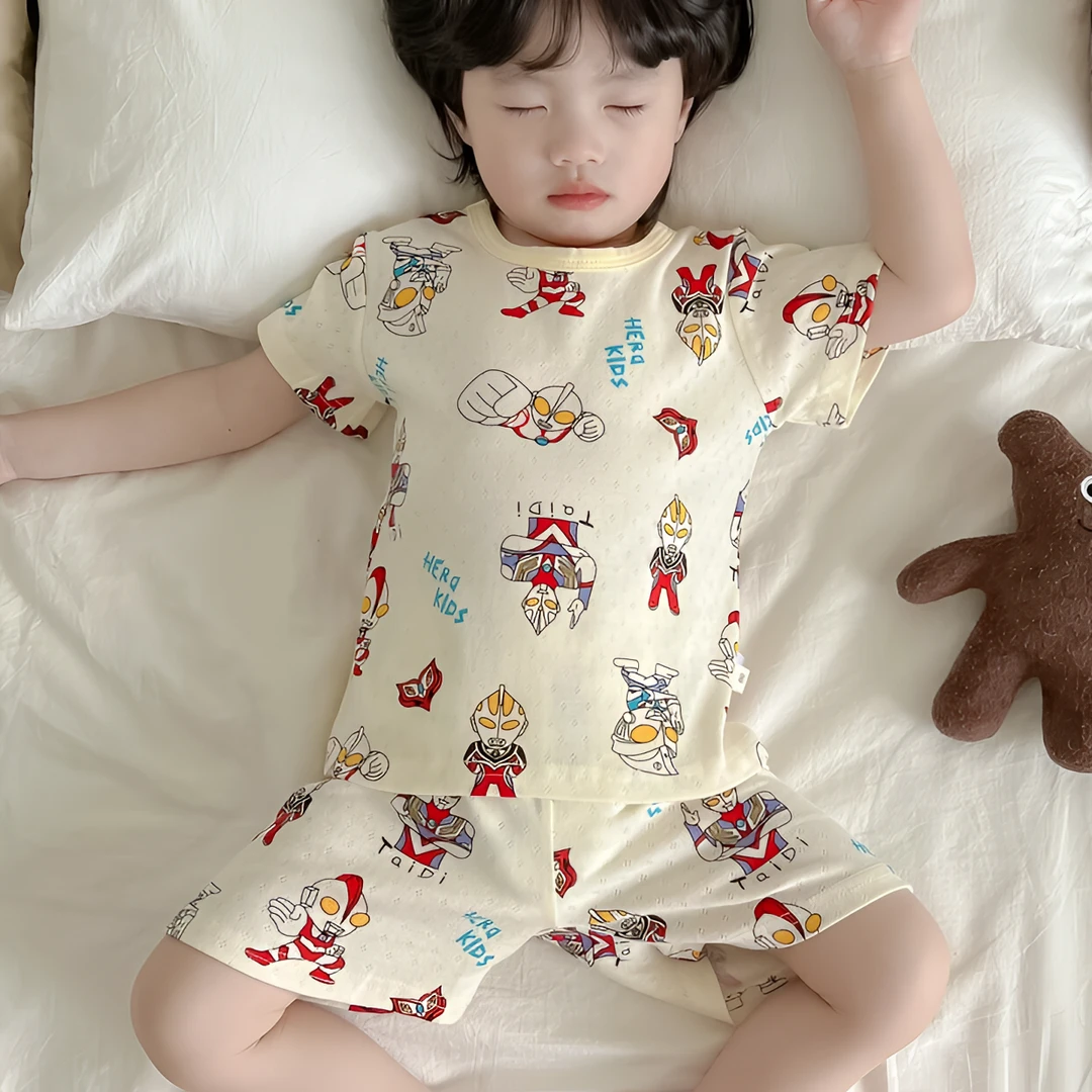 夏款儿童款睡衣卡通印花宝宝透气网眼薄款短袖家居服小童空调服夏