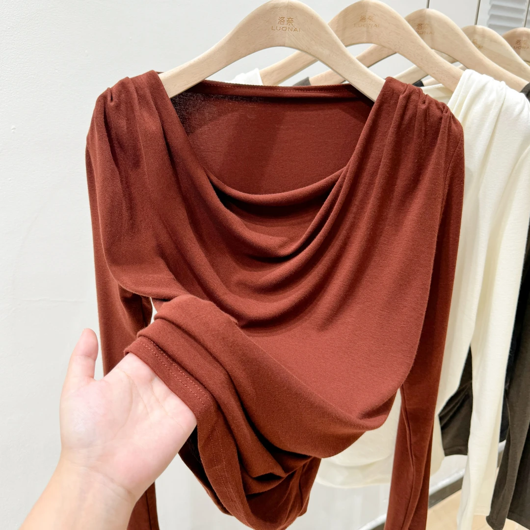 纯欲荡领长袖t恤女2025年新款不规则宽松显瘦设计感打底衫女内搭