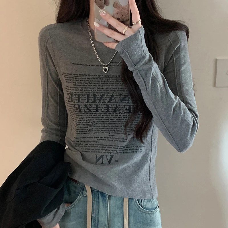 美式复古印花长袖t恤女甜辣风初秋打底衫女内搭bm风上衣显瘦百搭