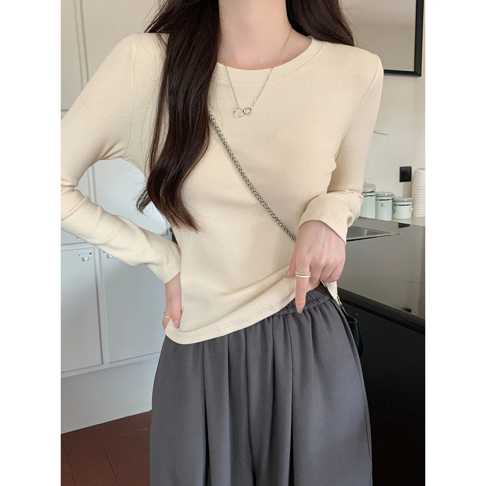 圆领打底衫女内搭长袖t恤2025新款基础修身显瘦上衣设计感通勤潮