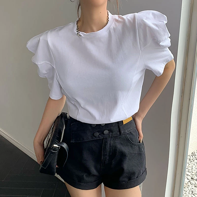 22D3249欧货短袖t恤女宽松2025夏洋气泡泡袖独特别致鱼骨上衣体恤