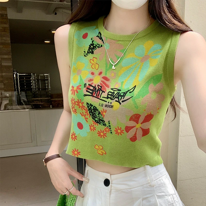 海边绿色印花小吊带背心女内搭2025新款夏季设计感打底短款上衣潮