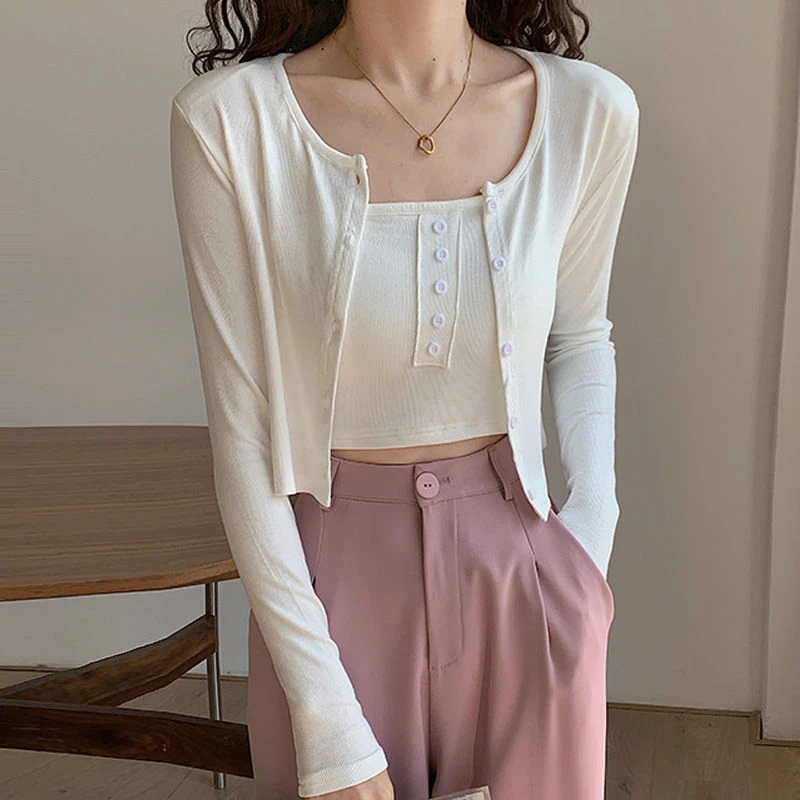 2023秋季打底衫上衣长袖t恤女内搭别致垫肩高级感两件套设计感