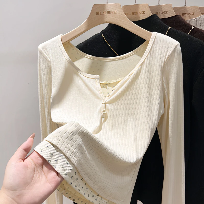 假两件拼接碎花打底衫女内搭2025秋季新款时尚洋气上衣圆领t恤女