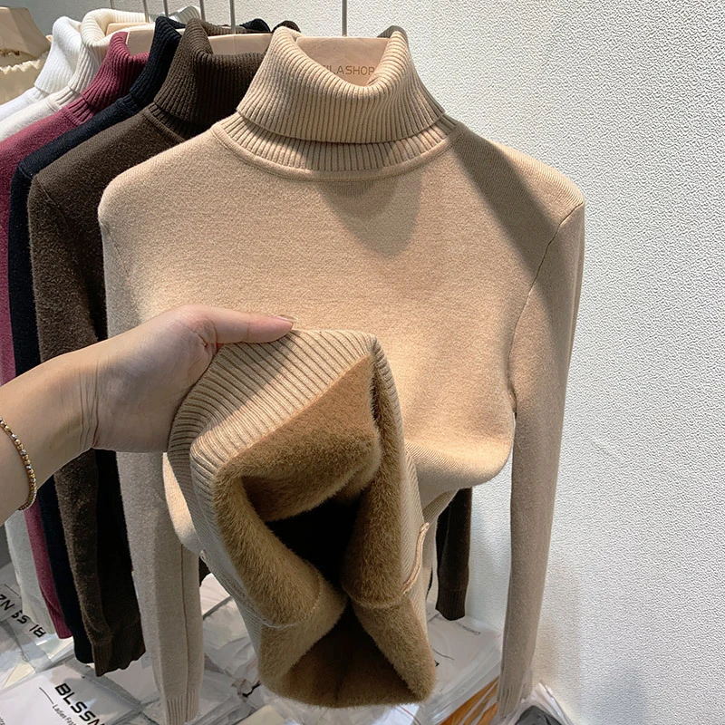 高领毛衣女加绒加厚2025秋冬新款一体水貂绒内搭上衣打底衫女冬厚