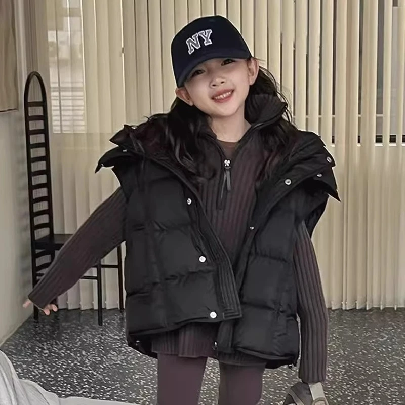 女童羽绒冬装新款洋气女孩坎肩外套白鸭绒背心外穿羽绒服雅丹风