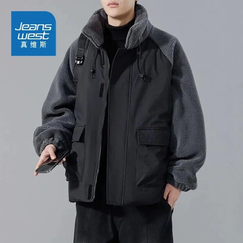 真维斯加绒棉服男士冬季新款加厚宽松潮牌外套拼接立领棉衣袄子男