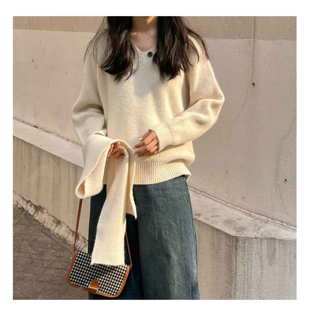 清仓No退/换【德鲁纳酒店】毛衣V领插肩慵懒配围巾针织上衣