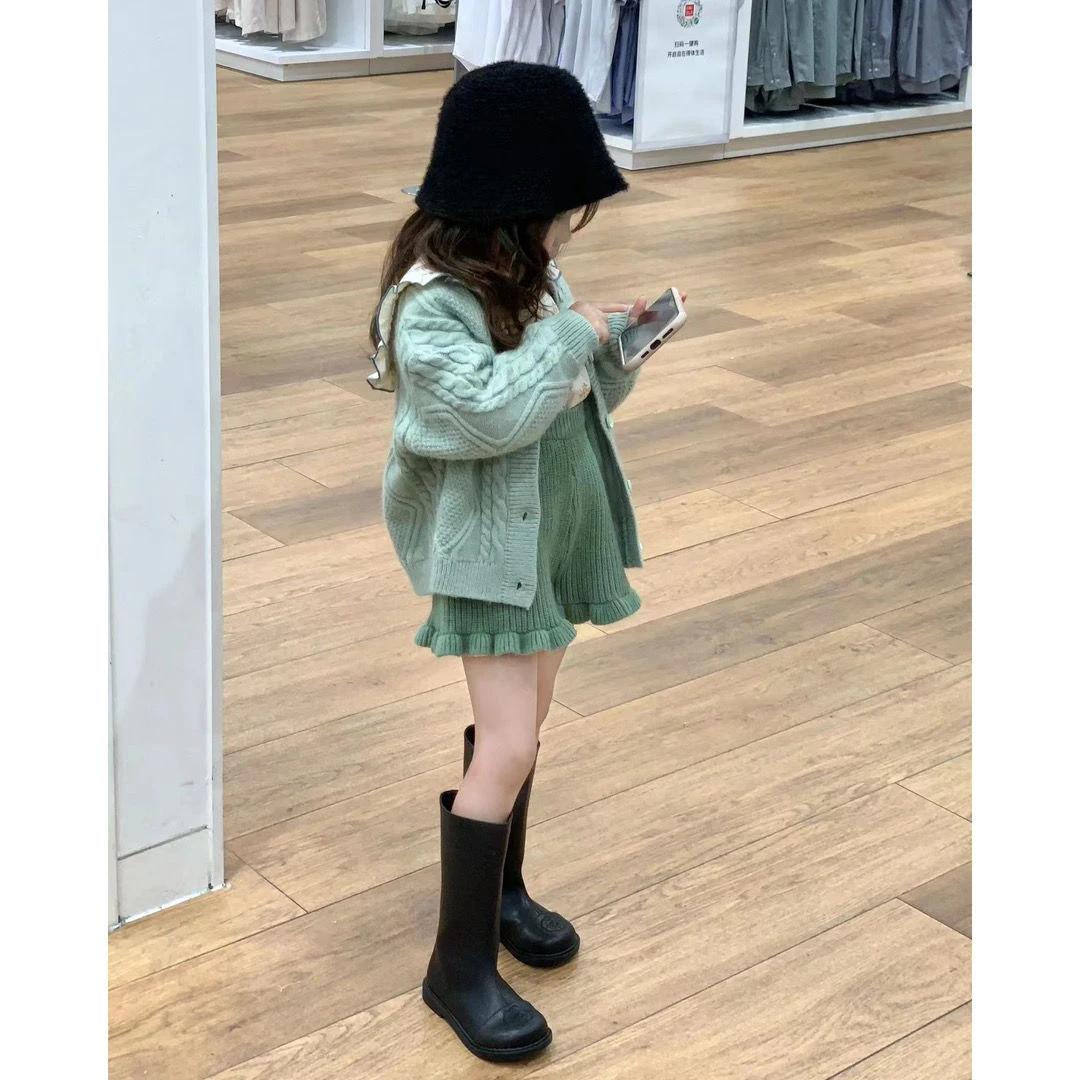 女童秋装套装新款时尚女宝宝针织毛衣衬衫儿童短裤三件套潮小香风