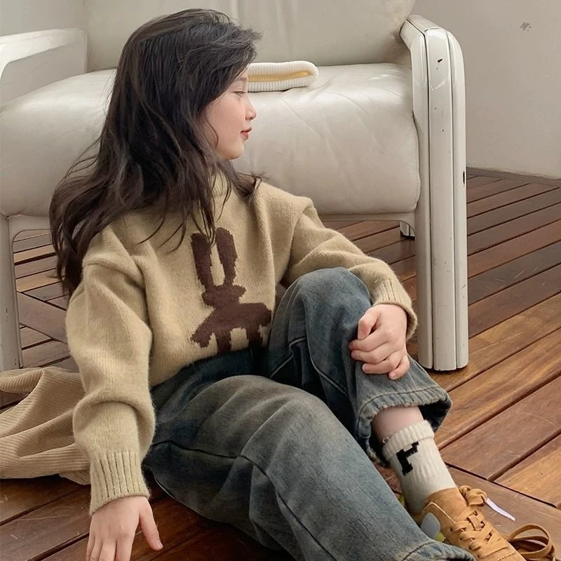 女童毛衣秋冬加厚新款女孩慵懒风套头针织上衣中大童复古线衣
