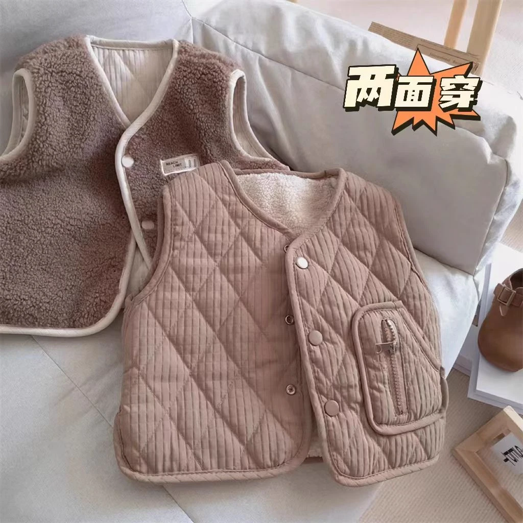 秋冬款男女童韩版加厚保暖拉链坎肩儿童复古百搭羊羔绒两面穿马甲