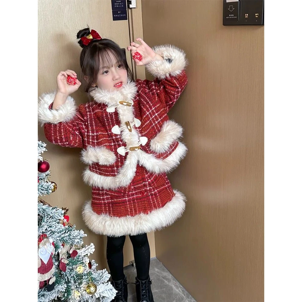 女童冬季套装新款儿童圣诞加厚格子外套洋气红色拜年服两件套女孩