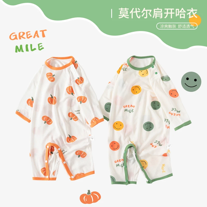 夏季套头连体衣莫代尔面料睡衣薄款宝宝哈衣爬爬服新生婴儿衣服