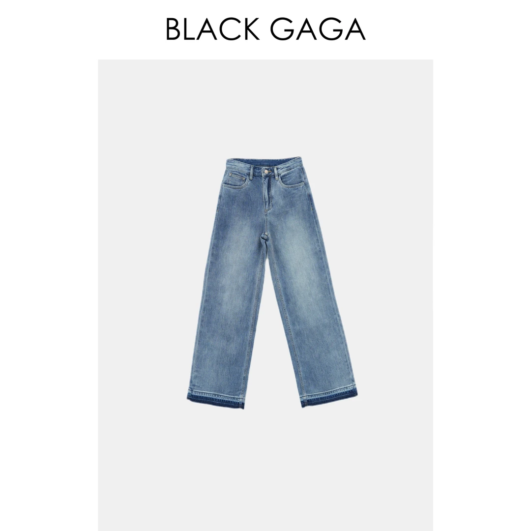 BLACK GAGA【七夕超模腿】100棉 高腰复古脚口做旧牛仔裤 G2308K04