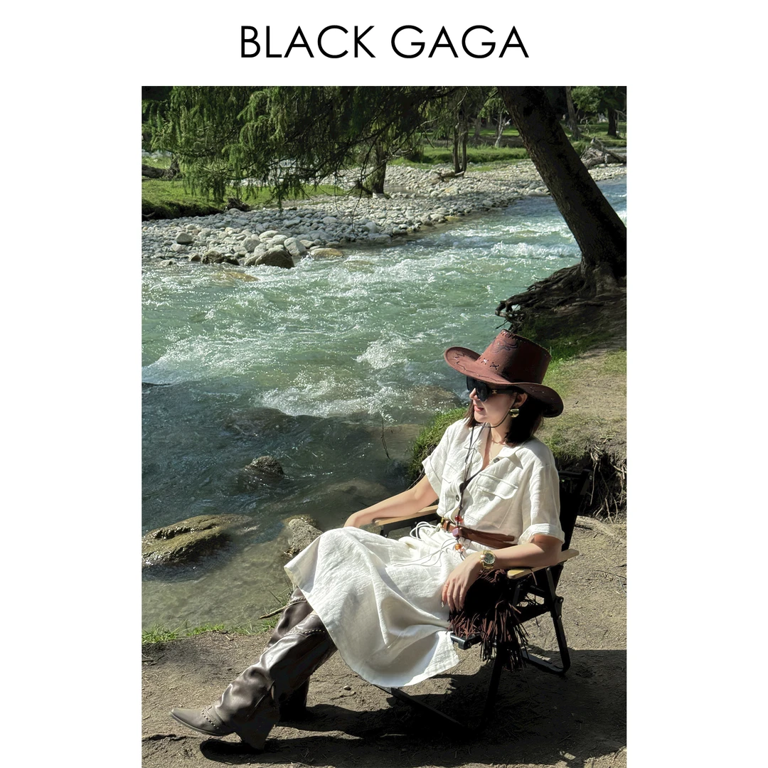 BLACK GAGA【老钱美学】100苎麻 松弛感工装polo领连衣裙 G2406D05