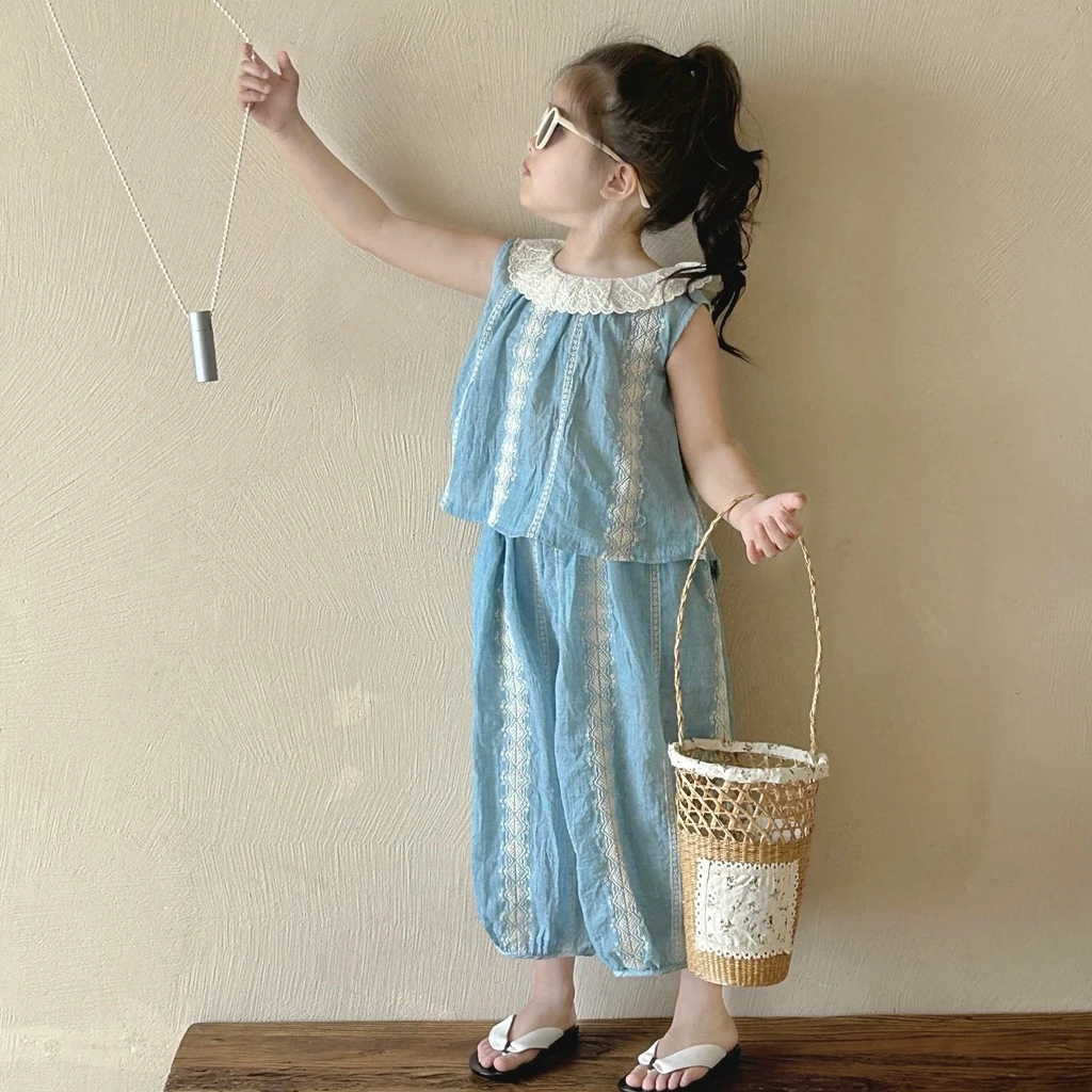 女童背心防蚊裤套装夏装2024新款韩版时髦儿童花边领上衣宽松长裤