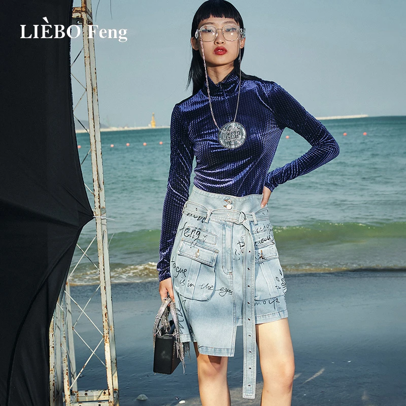 裂帛LIEBOFeng原创设计不对称A字显瘦不规则牛仔半身裙7321351009