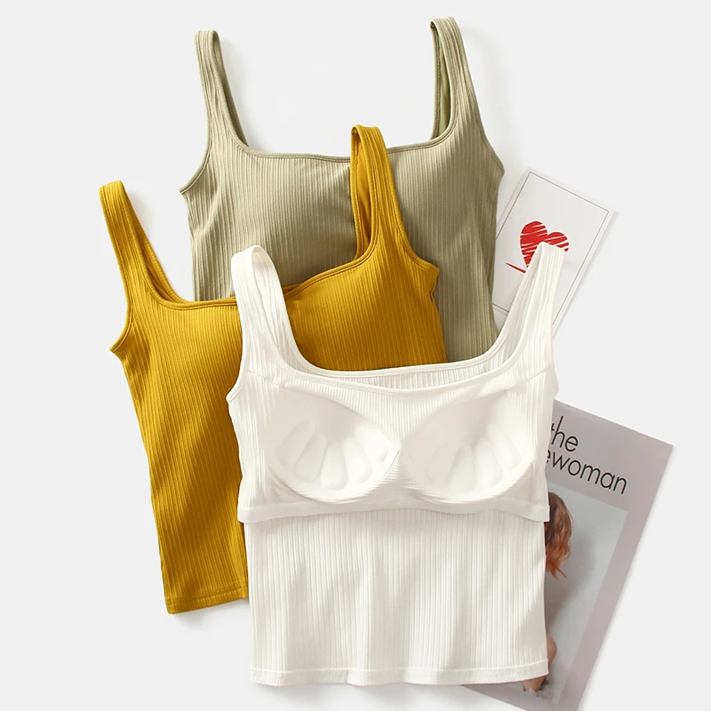 宽肩背心女竖螺纹短款齐腰美背小吊带低领带胸垫纯色西装内衣内搭